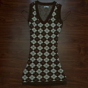 Hollister Brown and Cream Argyle Sleeveless Knit Mini Dress